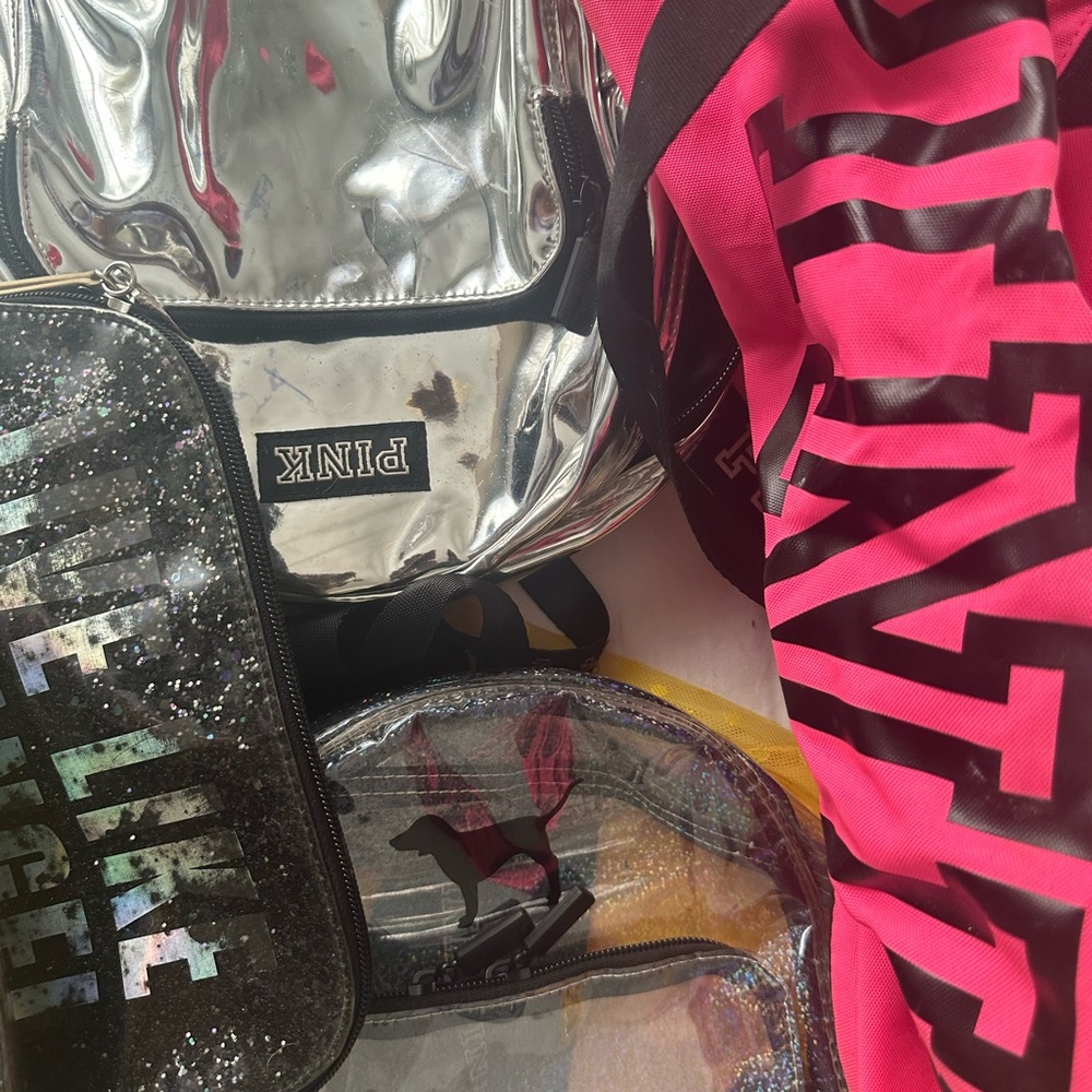 Victoria’s Secret pink duffel bag, two mini book bags, and make up pouch